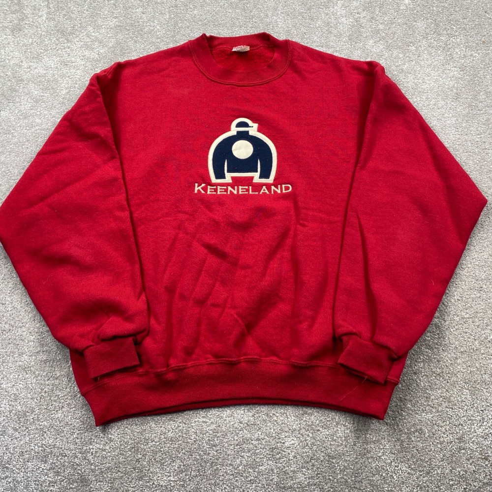 Jerzees Keeneland Sweatshirt Unisex Large Red Horse Racing Graphic Crewneck